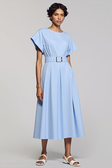Sky Blue Short Sleeves A Line Long Work Dress with Belts